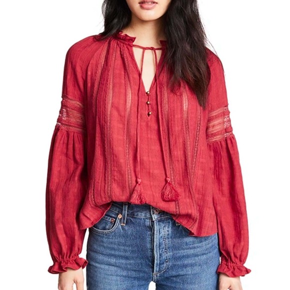 Veronica Beard Tops - Veronica Beard Kalina Red Tassel Tie Peasant Blouse Size 4